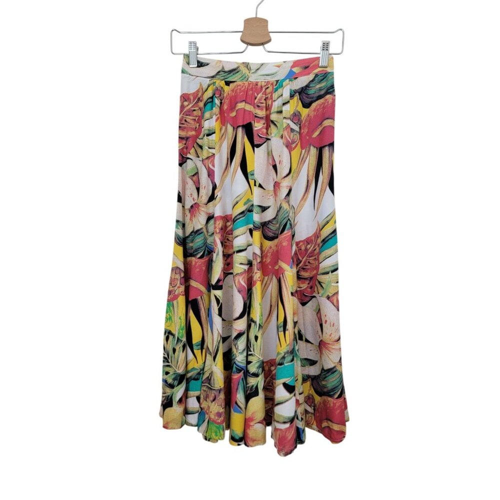 Vintage Saint Germain Paris Tropical Floral Midi Skirt Elastic Waist Womens Sz S